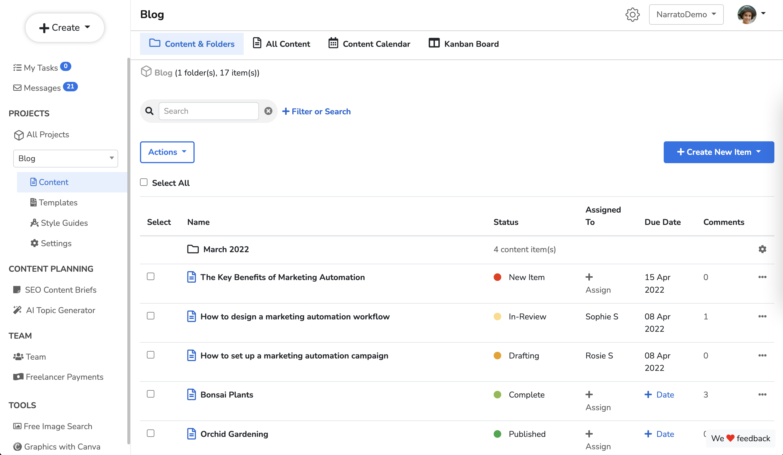 screenshot of Narrato Workspace